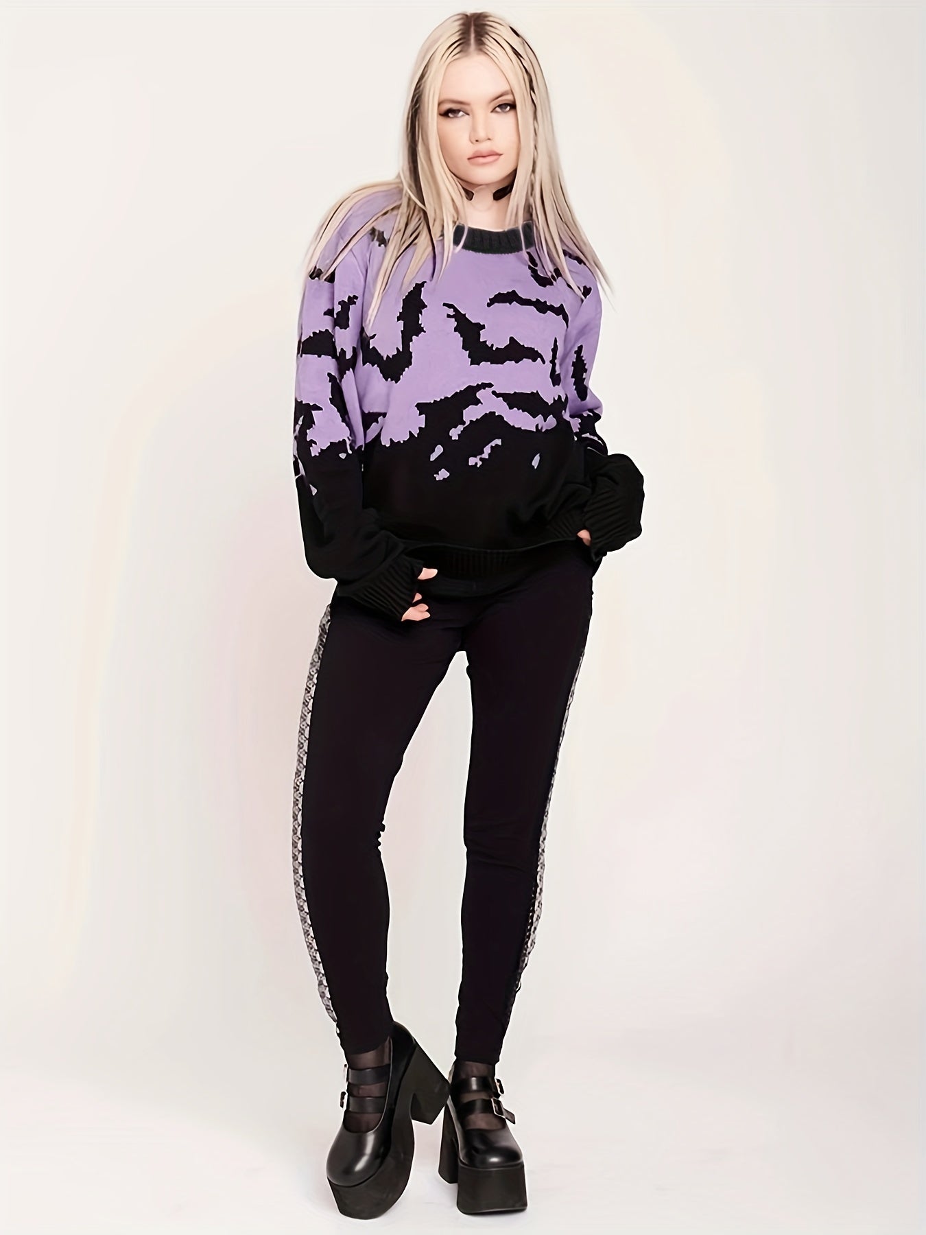 Halloween Batwing Pattern Sweater Long Sleeve Crew Neck Pullover
