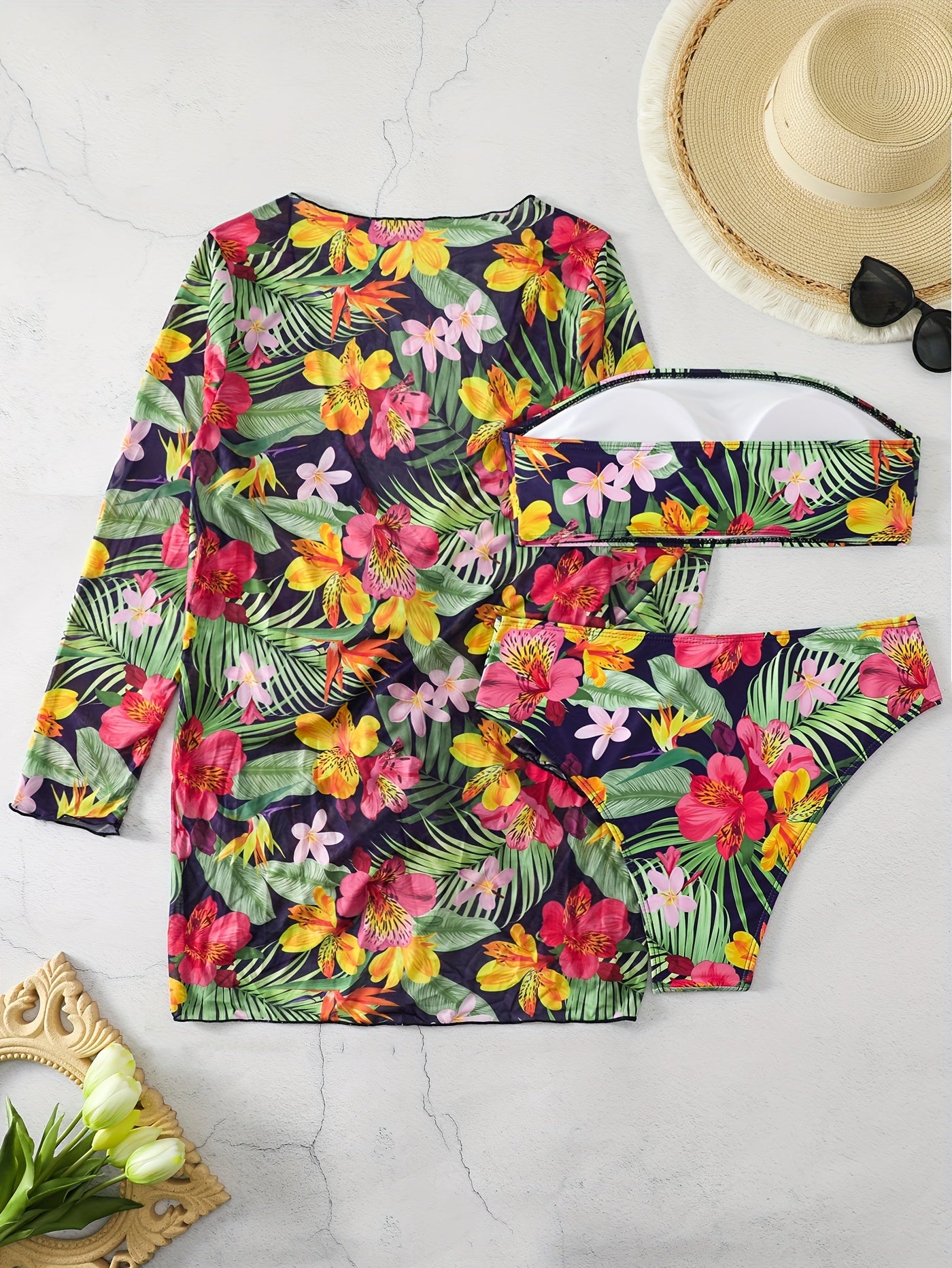 Vacay Bikini Set Plus Tropical Print Lace Cover Up & Tube Bra