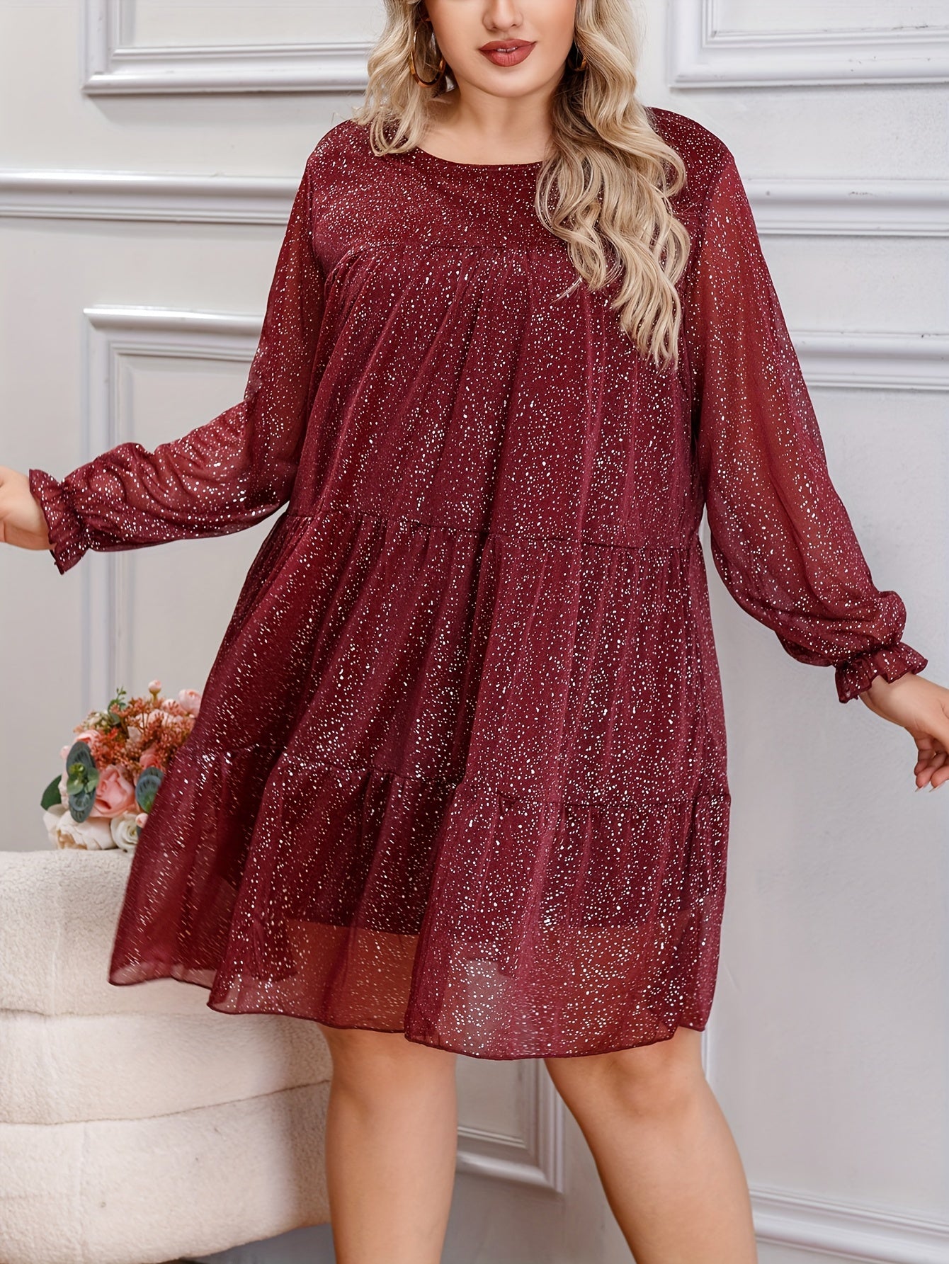 Women's Plus Glitter Flounce Sleeve Mesh Mini Dress