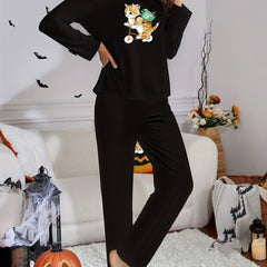 Cat Print Lounge Set Long Sleeve Crew Neck Top & Pants