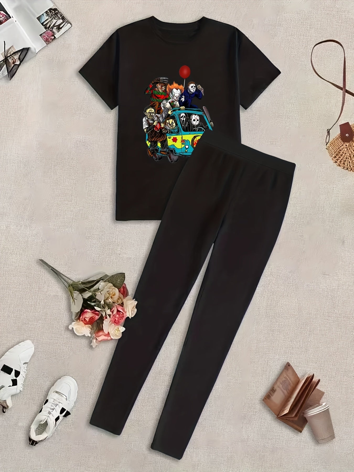 Figures Print Short Sleeve T shirt & Solid Leggings Set