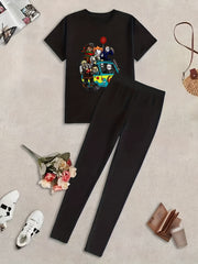 Figures Print Short Sleeve T shirt & Solid Leggings Set