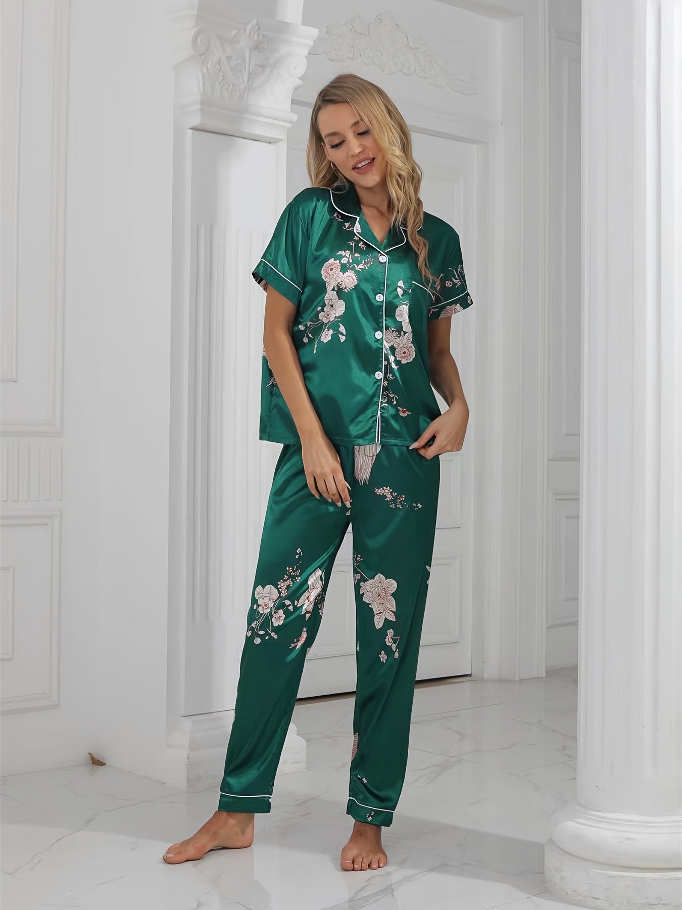 Green Floral Satin Pajama Set Short Sleeve Pocket Top & Cozy Long Pants