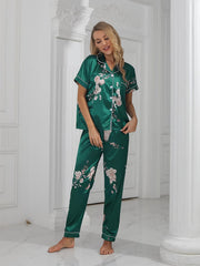 Green Floral Satin Pajama Set Short Sleeve Pocket Top & Cozy Long Pants