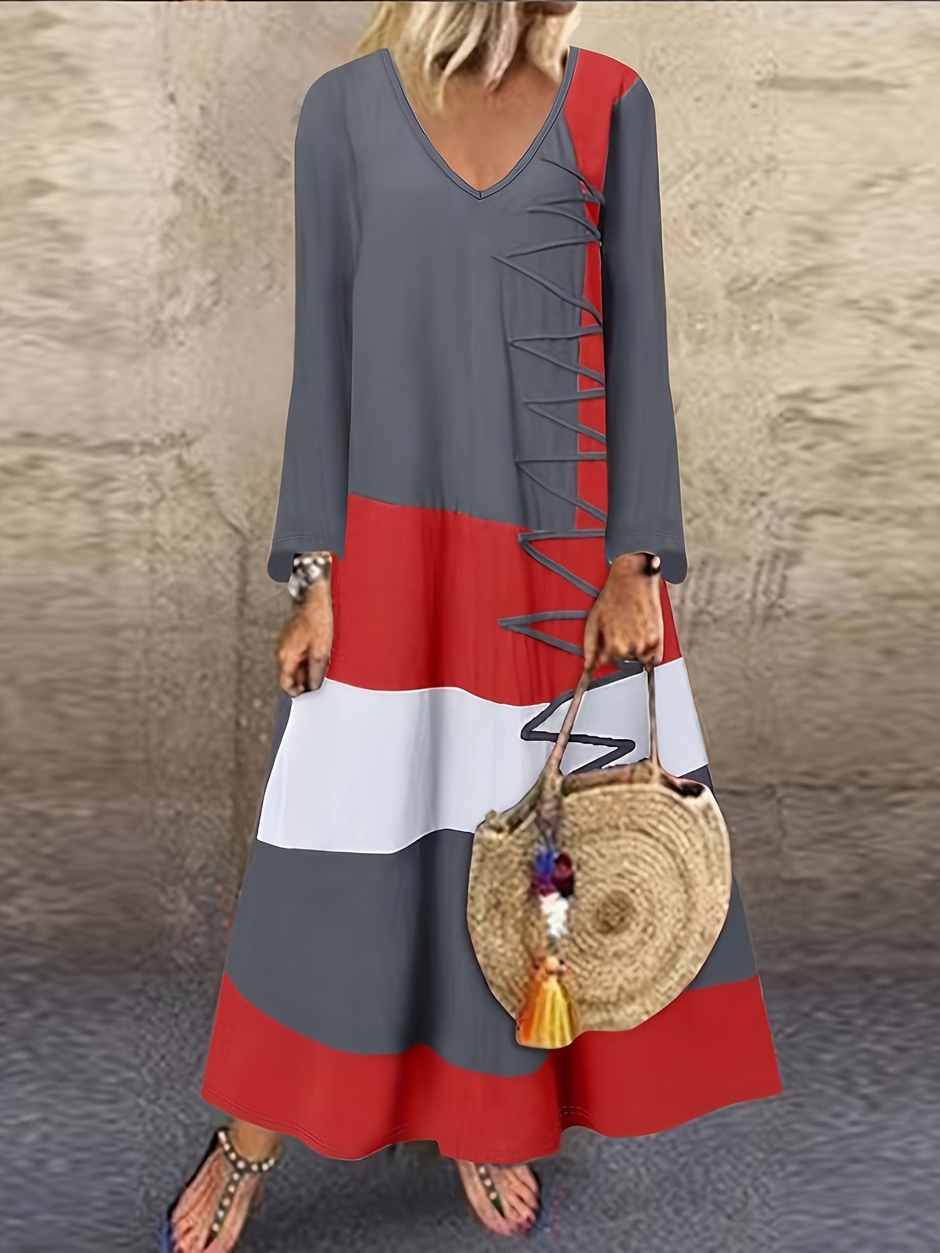 Colorblock Long Sleeve V Neck Maxi Dress