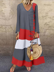 Colorblock Long Sleeve V Neck Maxi Dress