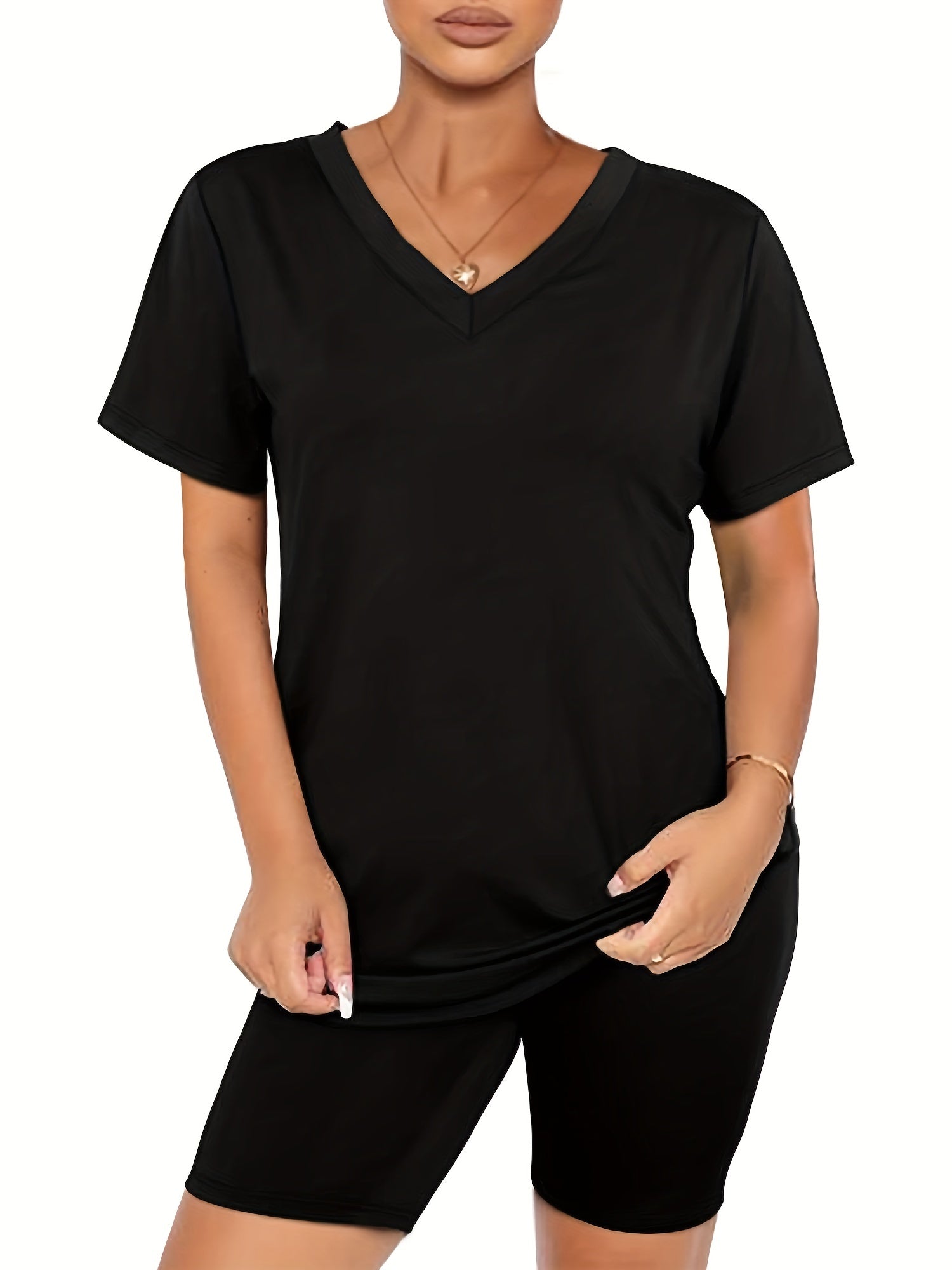 V Neck Tee & Biker Shorts Set Workout Outfit Women's Clothing