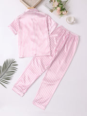 Girls Pink Stripes Pajama Set V Neck Short Sleeve Top & Pants