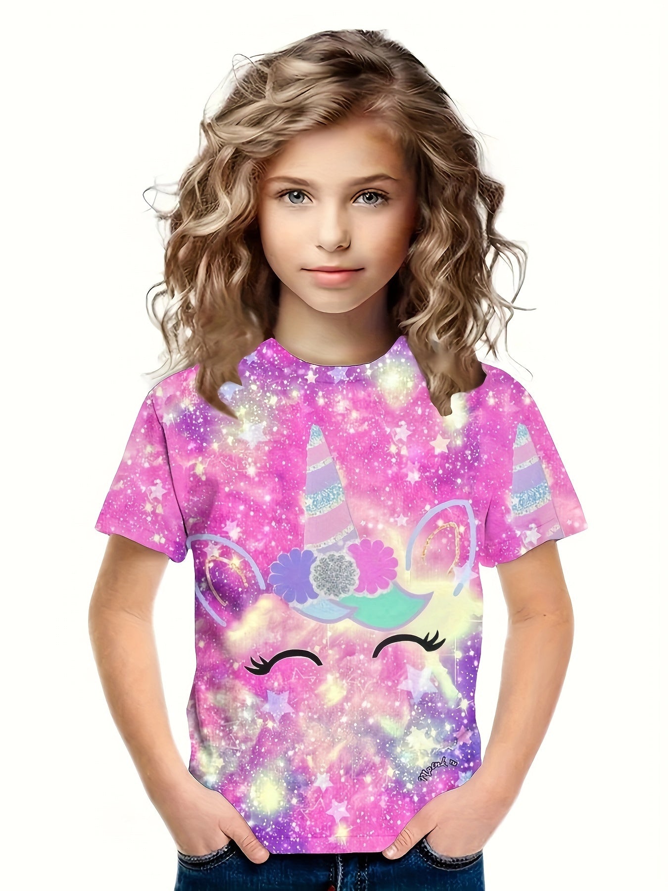 Girls Tie Dye Unicorn Short Sleeve T-shirt Summer Sports