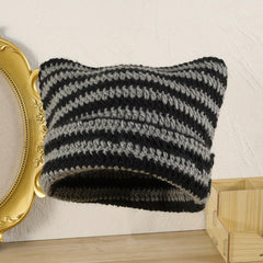 Striped Cat Ears Y2K Beanie Double Knitted Monster Warm Skull Cap