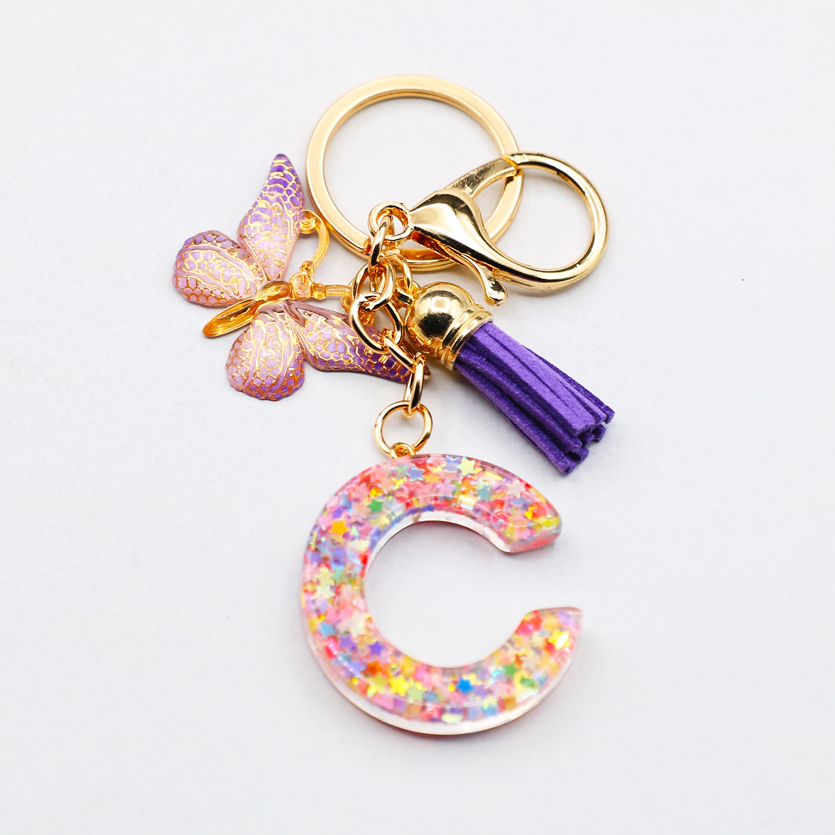 Resin Initial Letter Keychain with Butterfly and Tassel