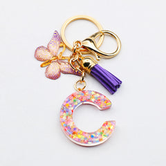 Resin Initial Letter Keychain with Butterfly and Tassel