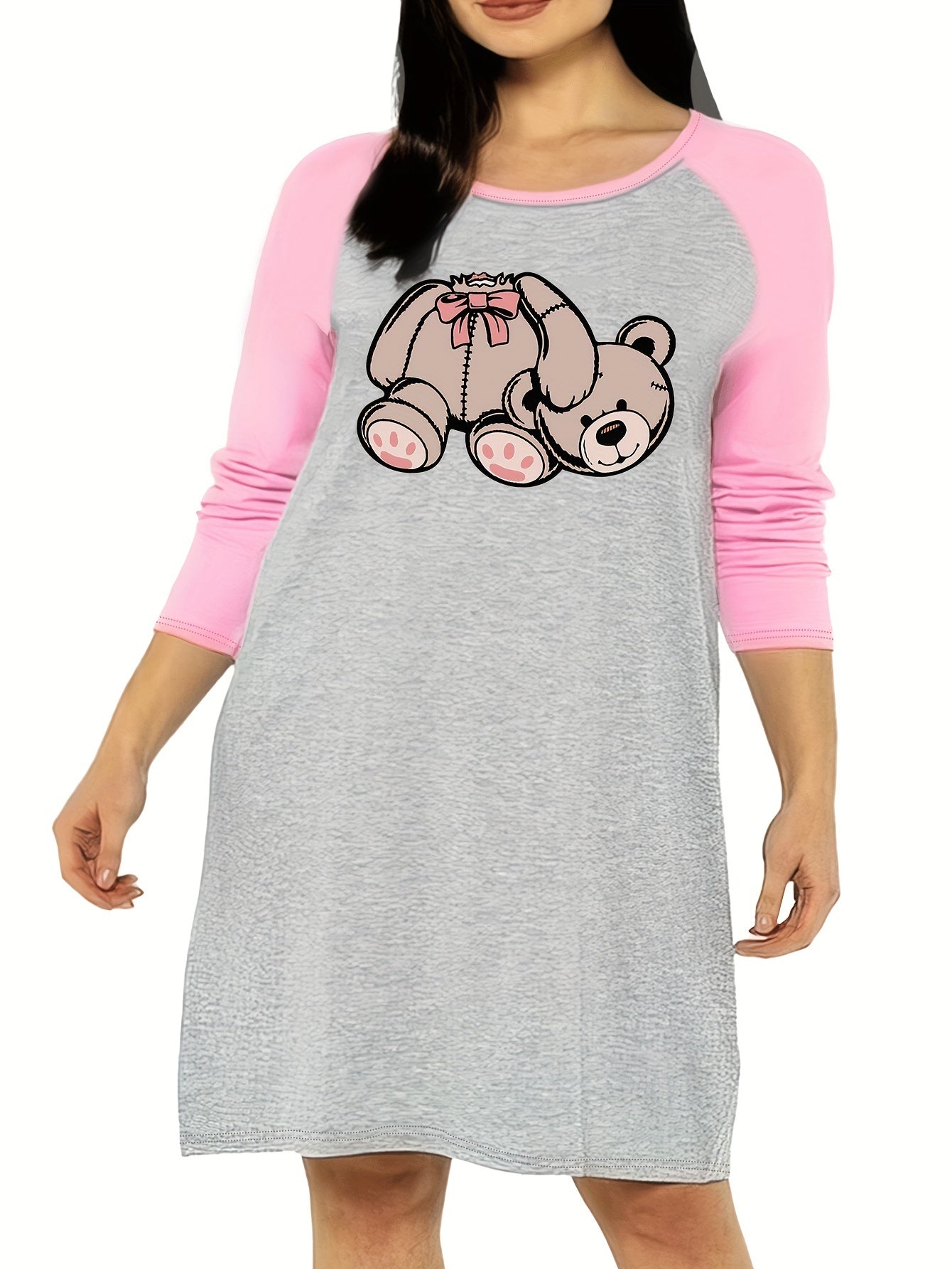 Casual Nightdress Women's Plus Teddy Bear Print Raglan Sleeve R