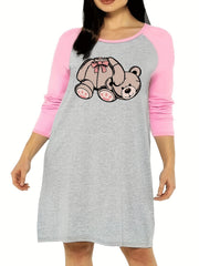 Casual Nightdress Women's Plus Teddy Bear Print Raglan Sleeve R