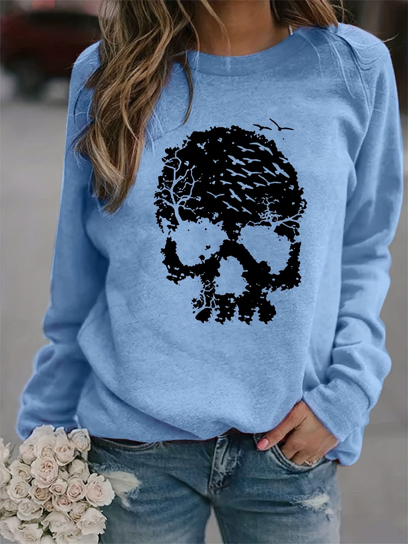 Halloween Skull Print Sweatshirt Long Sleeve Crew Neck Women's Clothing