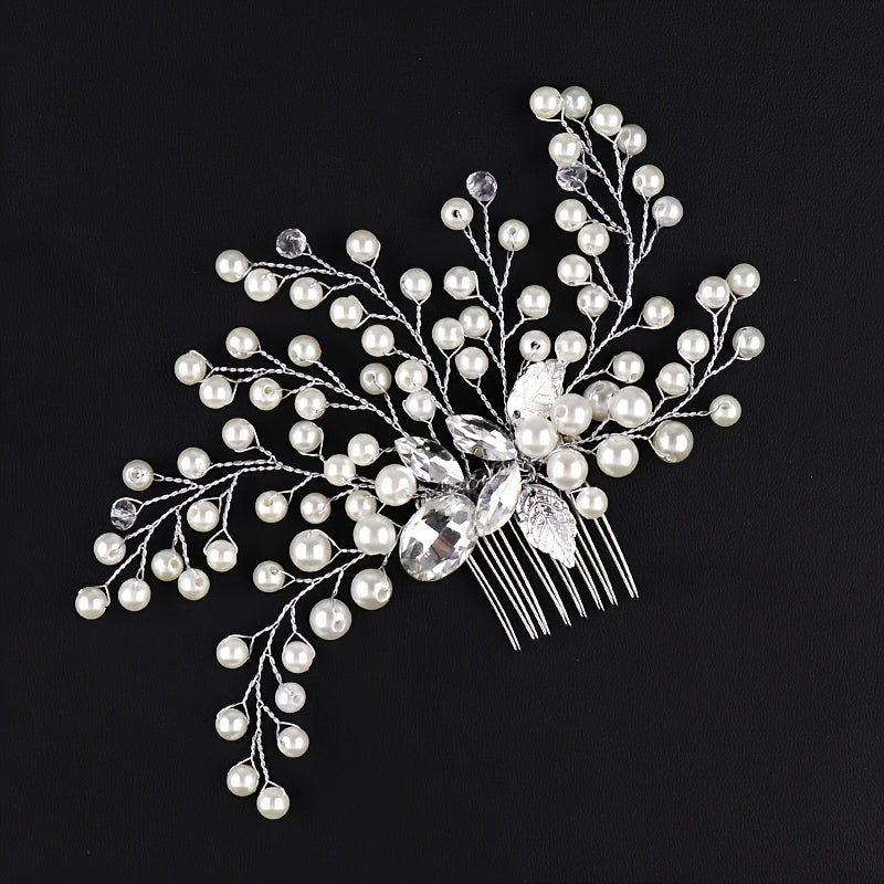 Silver Faux Pearl Crystal Wedding Hair Comb Headband for Bride