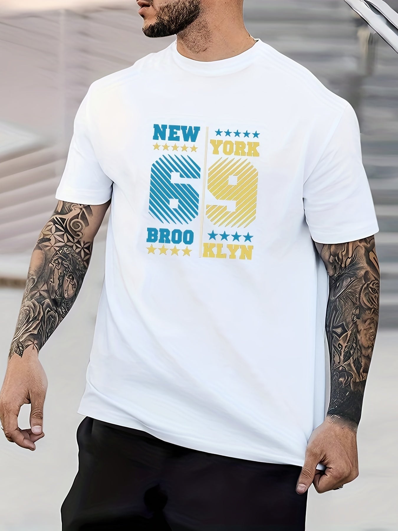 Retro Number & Letter Print Men's Graphic Crew Neck Active Tee