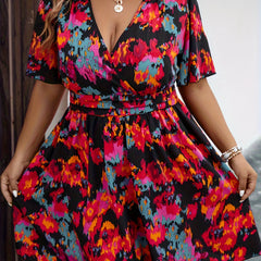 Plus Floral Print Butterfly Sleeve Surplice Neck Mini Dress
