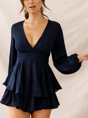 Layered Lace Up Romper Playsuit Long Sleeve V Neck Jumpsuit