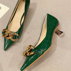 Chain Decor Kitten Heels Point Toe Dress Pumps Slip On Heels