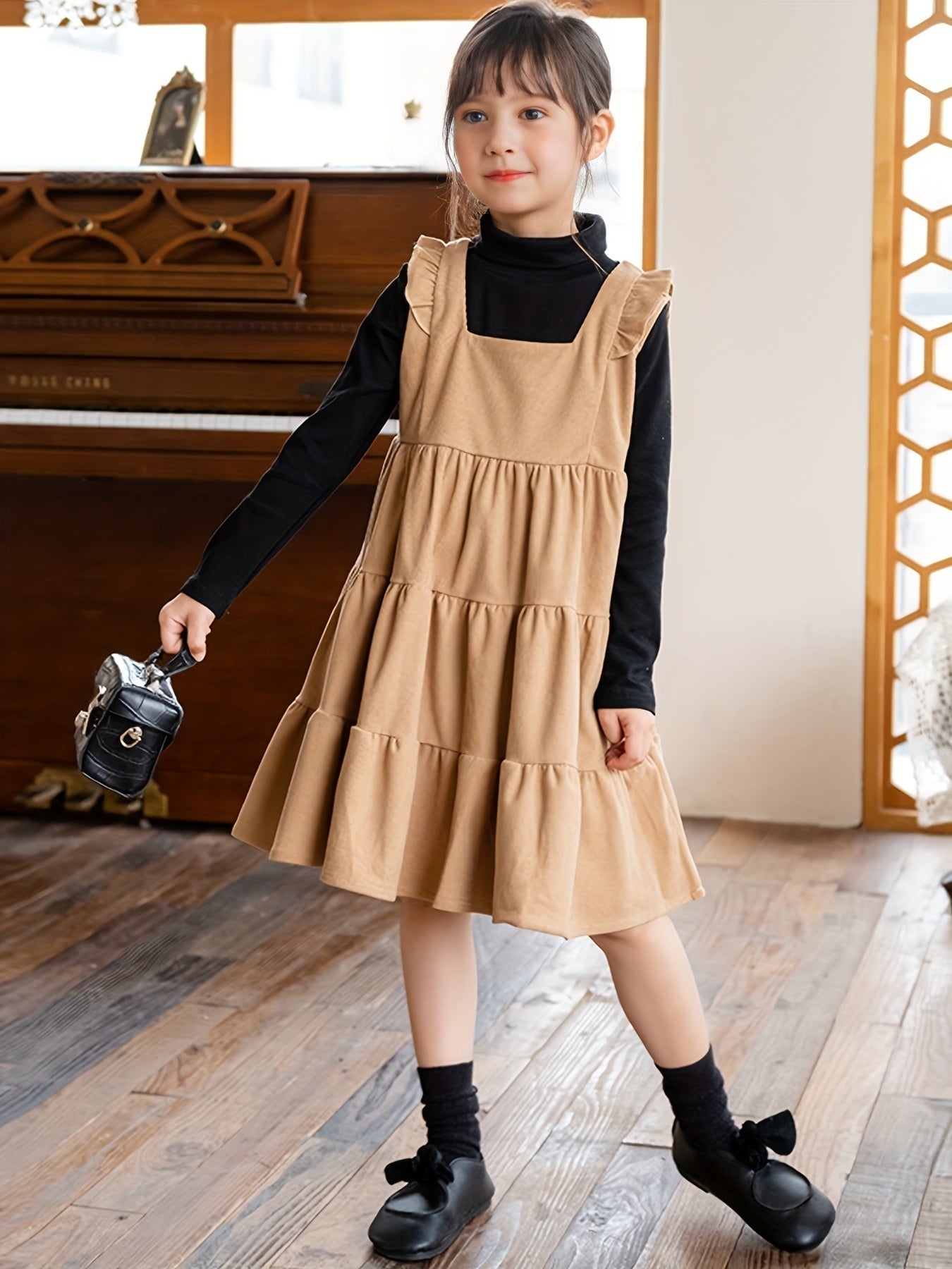 Girls Flutter Trim Suspender Dress Fall Party