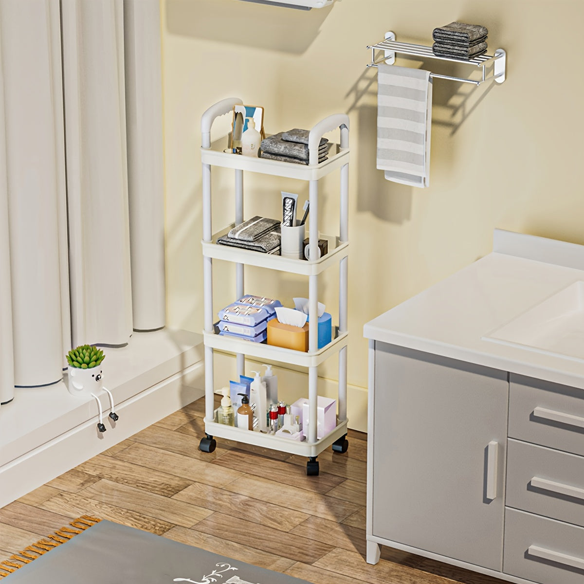 4 Tier Utility Cart with Handle and Wheels - Multipurpose Rolling Storage