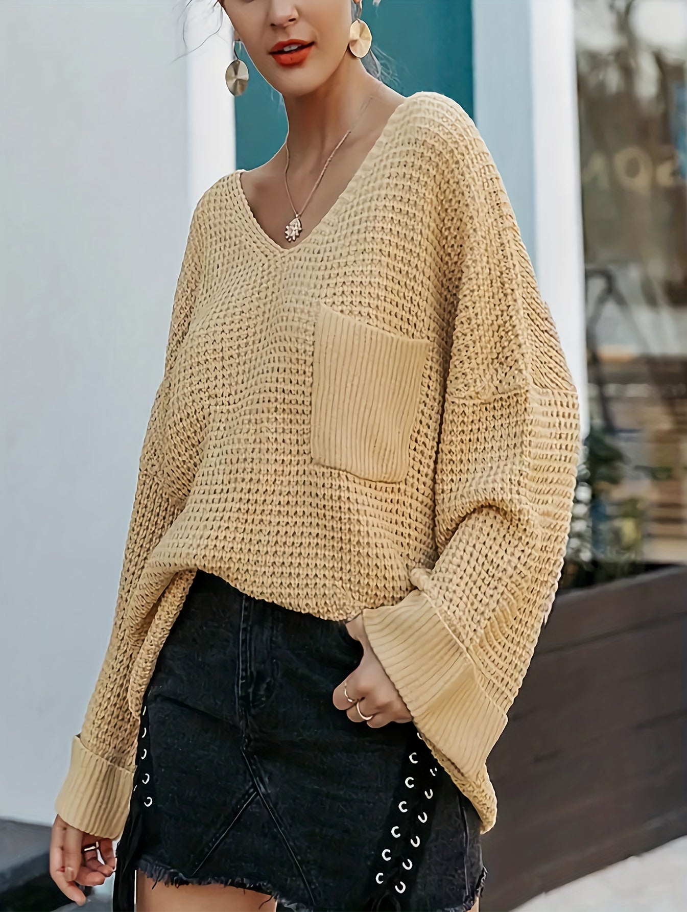 Casual V-Neck Sweater, Solid Chunky Long Sleeve, Loose Fit Jumper