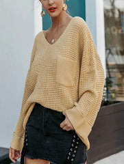 Casual V-Neck Sweater, Solid Chunky Long Sleeve, Loose Fit Jumper