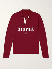 Amour Pattern Knit Polo Shirt Men's Casual Lapel Stretch V Neck Pullover Sweater