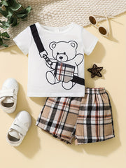Baby Boys Bear & Bag Graphic T shirt Plaid Shorts Set
