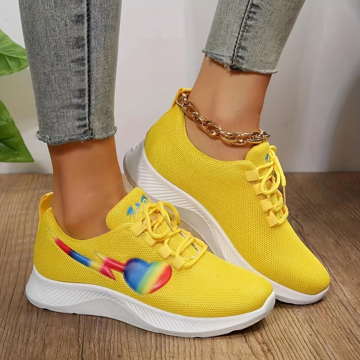 Women's Rainbow Heart & Lightning Running Shoes Breathable Lace Up Athletic Snea