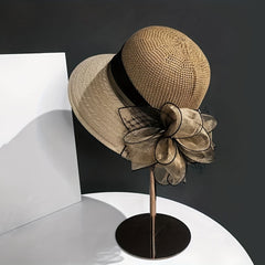 Wide Brim Knitted Bucket Hat Mesh Flower Decor Sunshade Fedora for Women