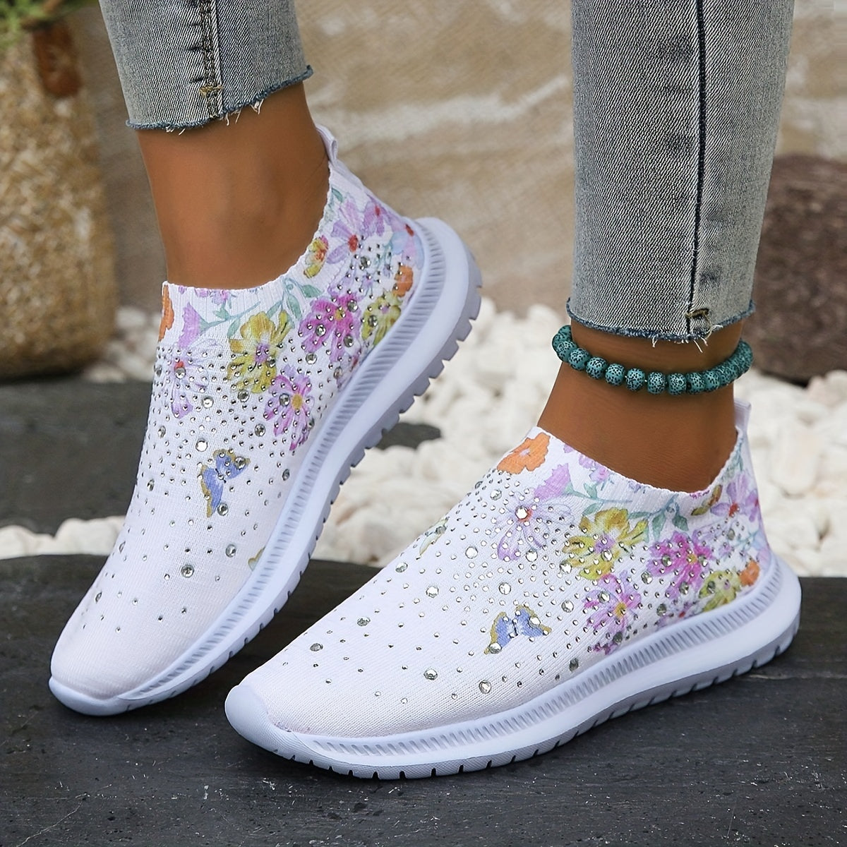 Women's Rhinestone Decor Sock Shoes Butterfly & Floral Print Slip On Shoes