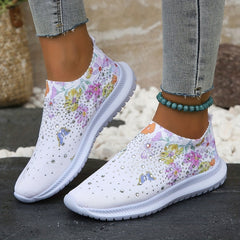 Women's Rhinestone Decor Sock Shoes Butterfly & Floral Print Slip On Shoes