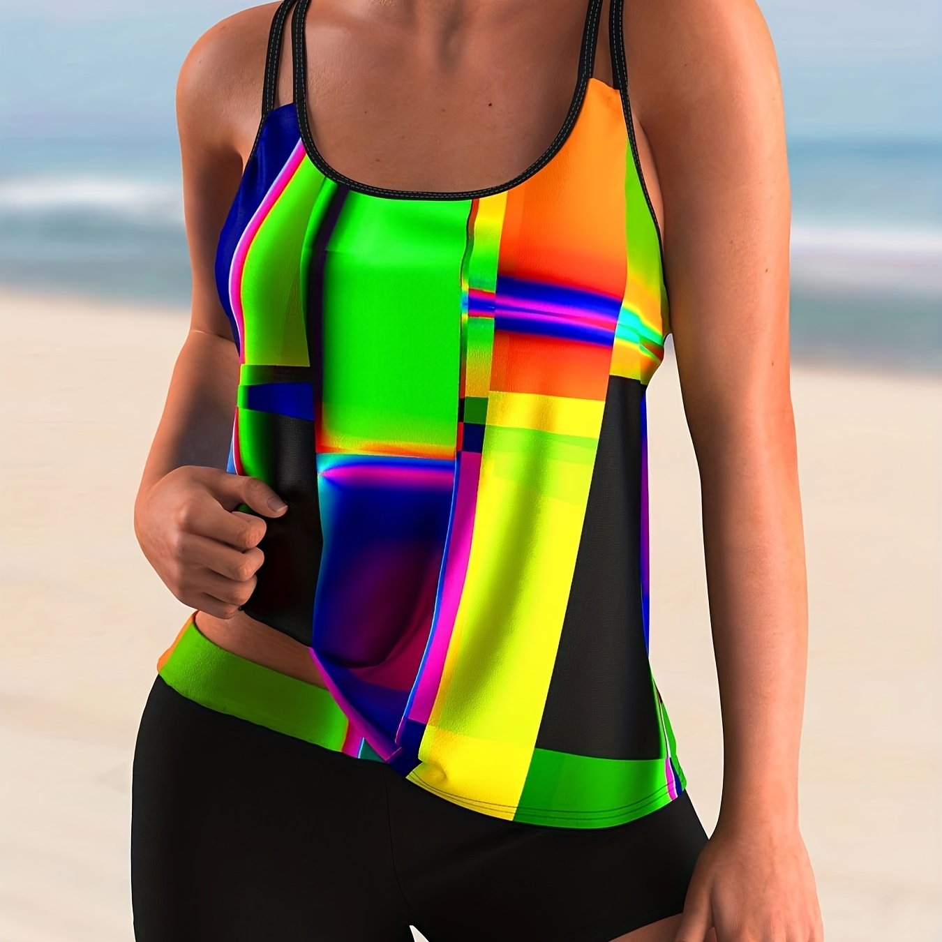 Modest Tankini Set Women's Plus Geo Print Round Neck Cami Top & Shorts