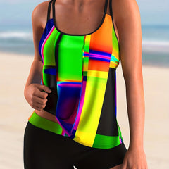Modest Tankini Set Women's Plus Geo Print Round Neck Cami Top & Shorts