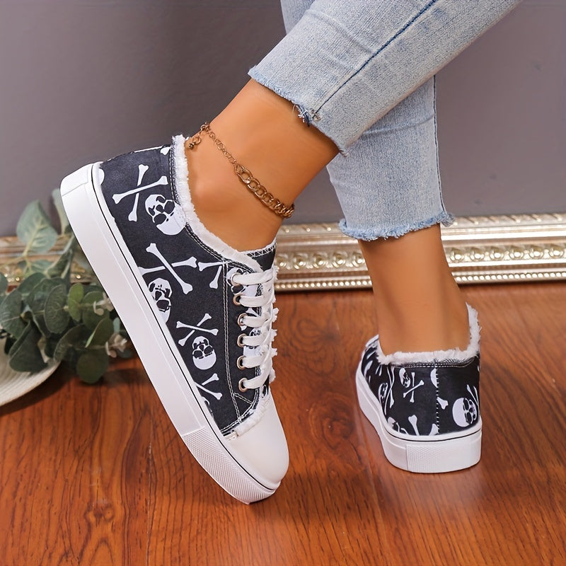 Women's Skull Print Sneakers Lace Up Outdoor Shoes Lightweight Halloween Shoes