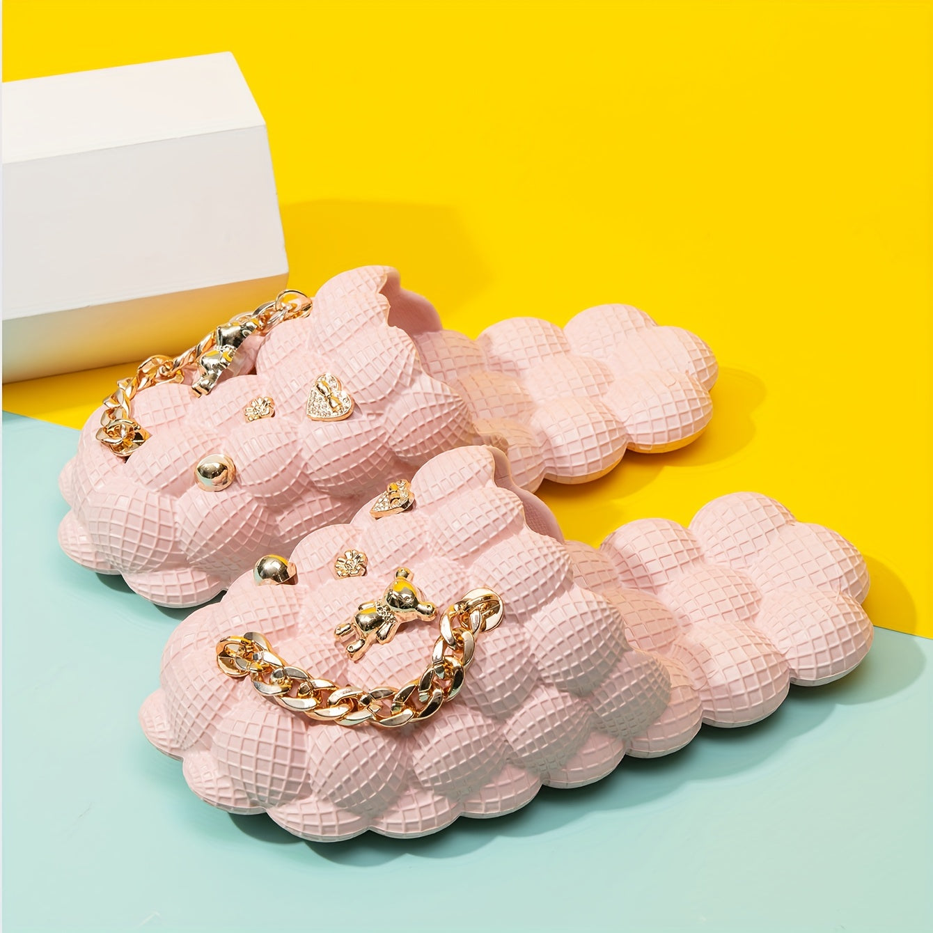 Women's Bubble Slippers With Golden Chain Soft Comfortable Outdoor Slippers