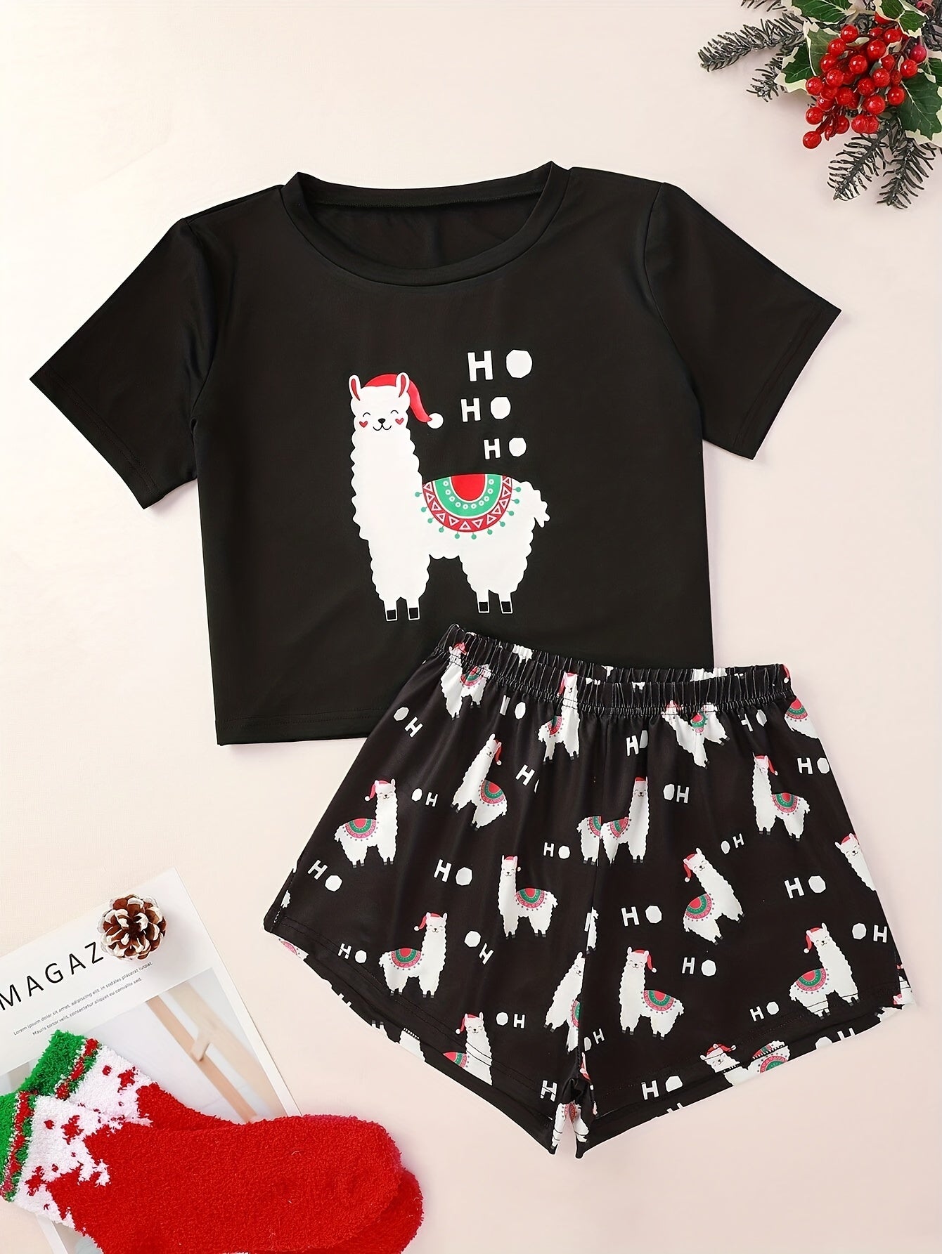 Cartoon Print Lounge Set Short Sleeve Top & Shorts Women's Loungewear