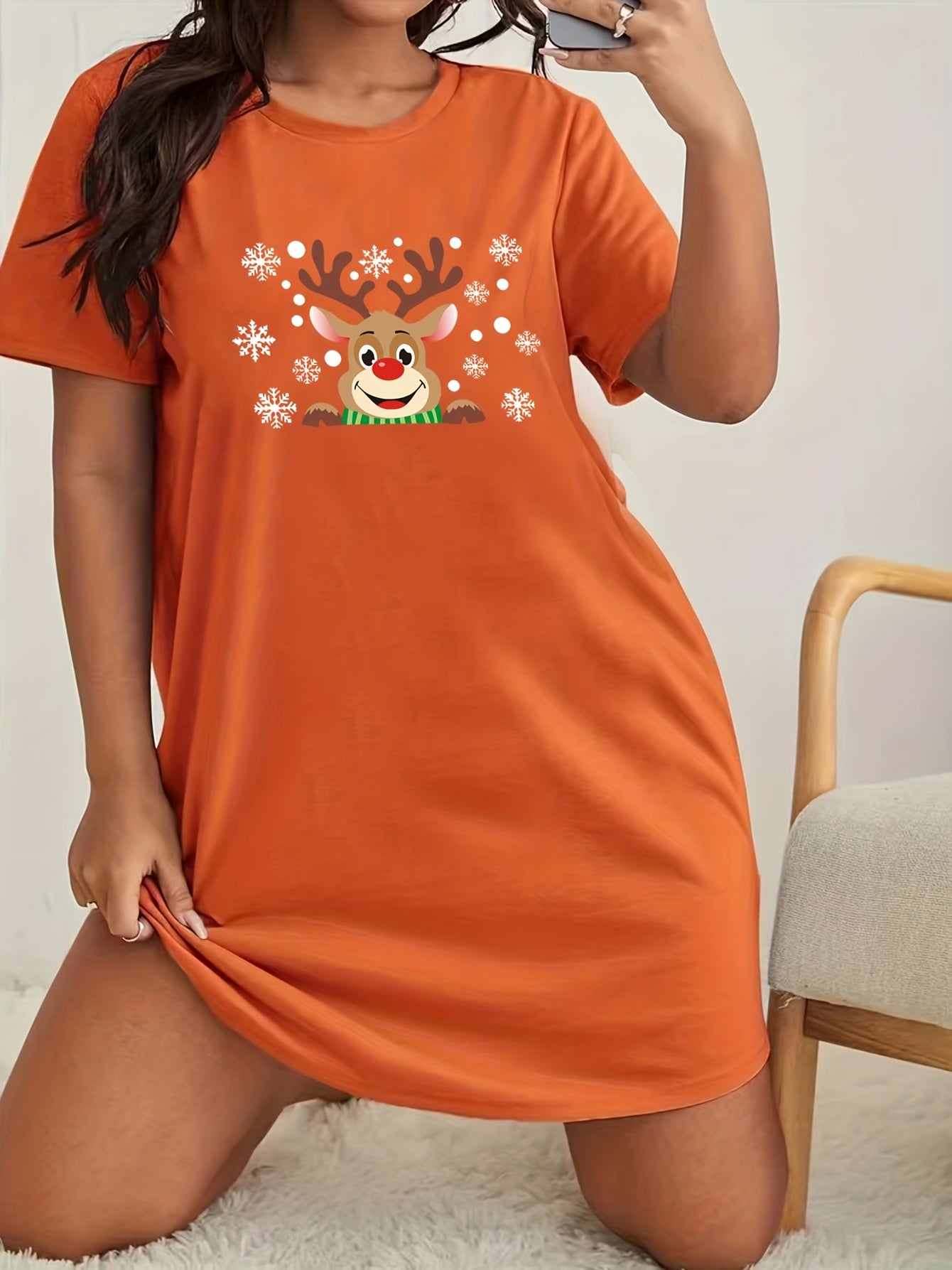 Christmas Lounge Dress Women's Snowflake Deer Print Nightdress