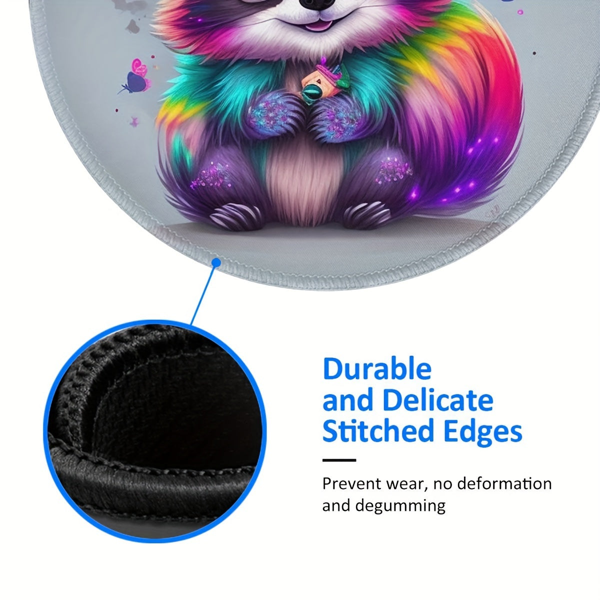 Rainbow Raccoon Mouse Pad Round Non Slip Rubber Base Mousepad