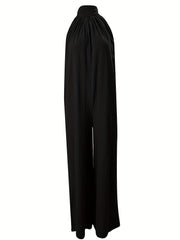 Solid Ruched Jumpsuit High Neck Wide Leg Women's Clothing