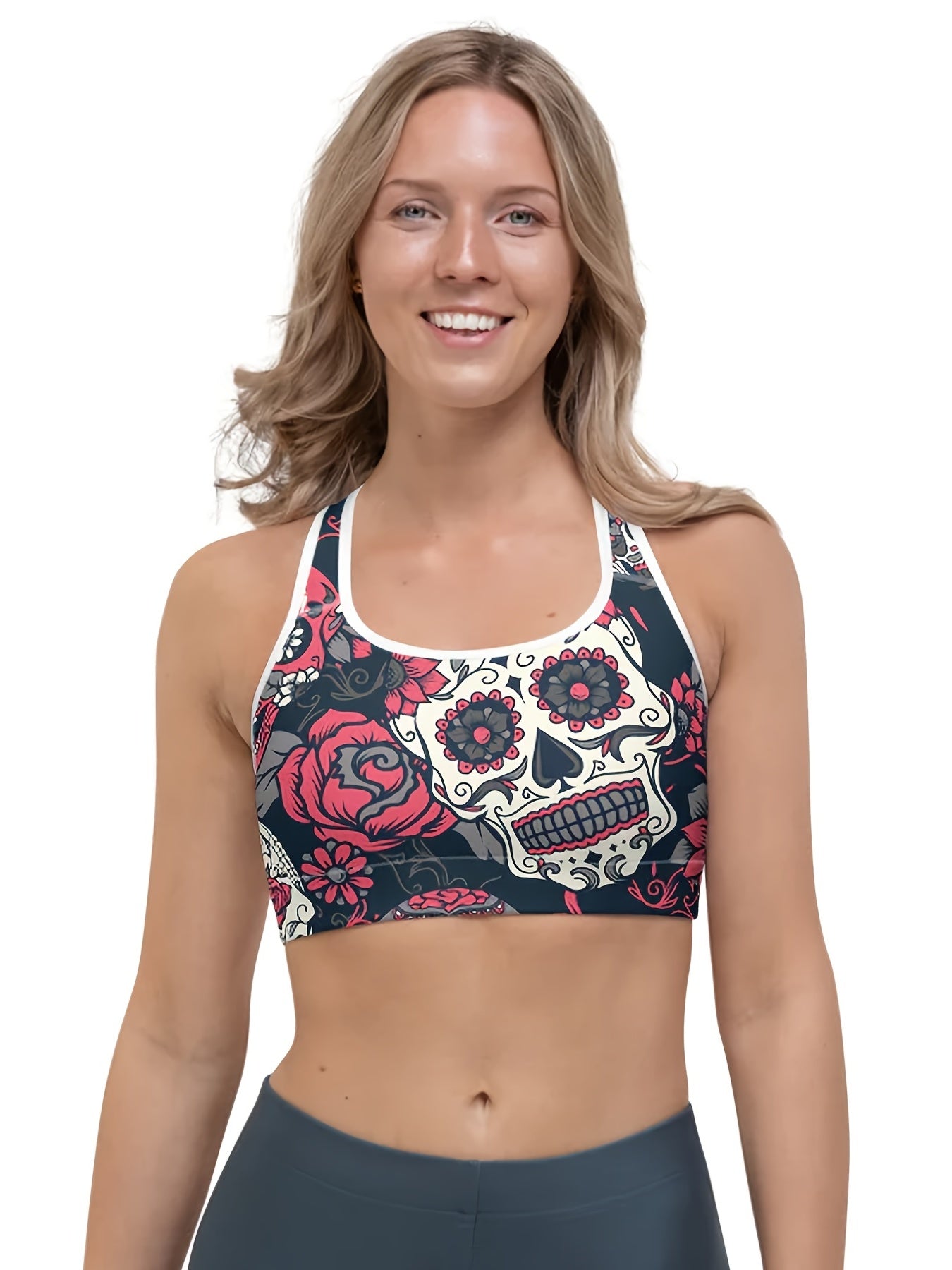 Halloween Sports Bra Women's Plus Floral & Skull Print Round Neck