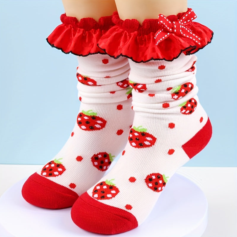 2 Pairs Knee Lace Socks Strawberry Jacquard Kids Bow Jewelry Socks Girls