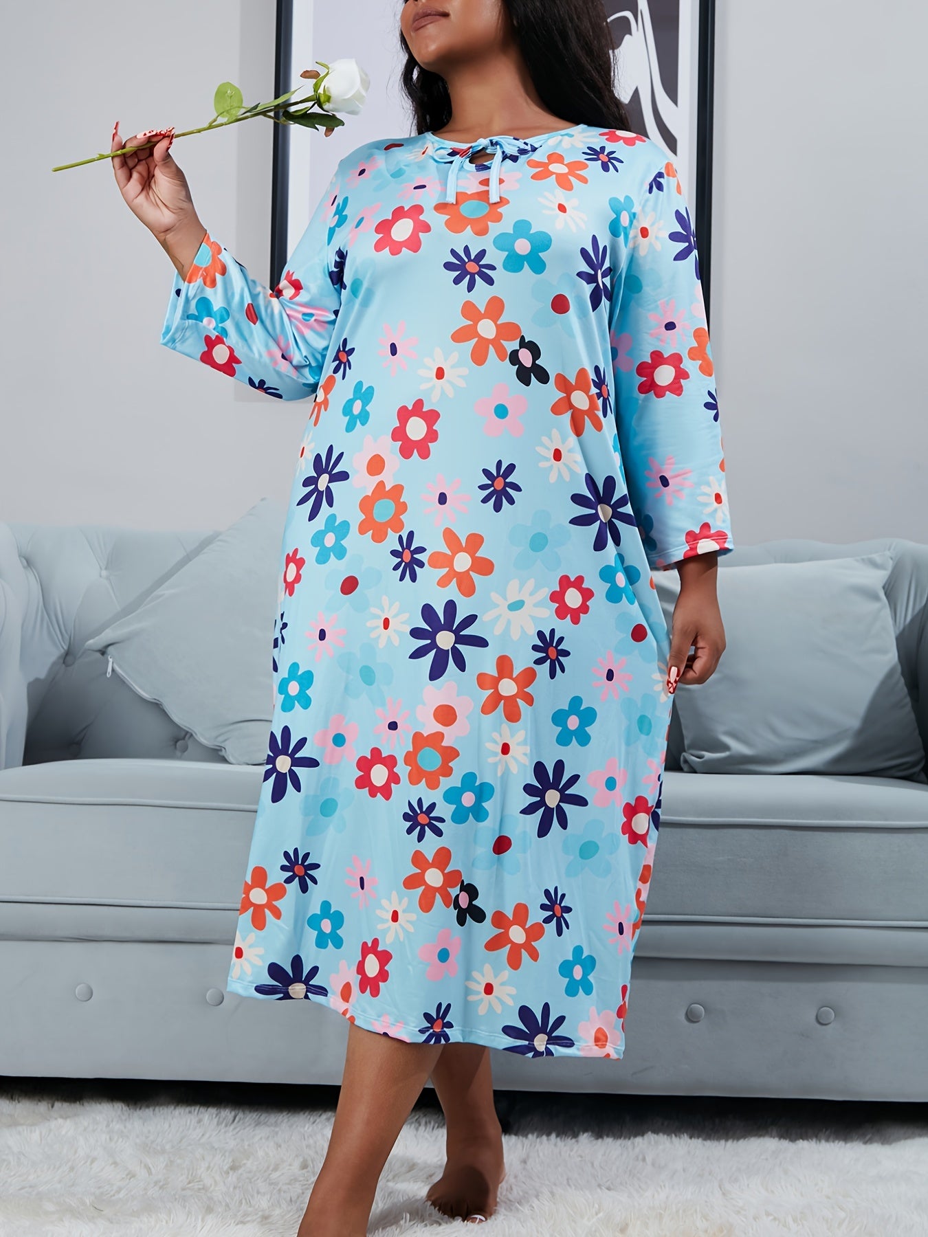 Nightdress Women's Plus Floral Print Long Sleeve Tie Neck High Stretch