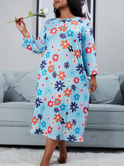 Nightdress Women's Plus Floral Print Long Sleeve Tie Neck High Stretch