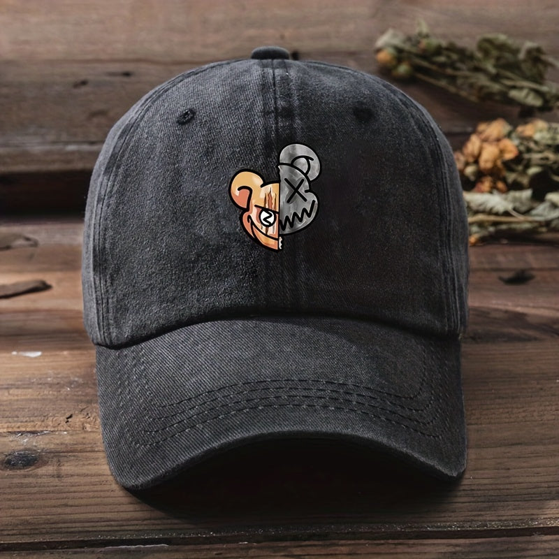Split Bear Print Baseball Cap Vintage Washed Distressed Cartoon Dad Hats