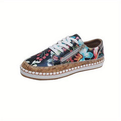 Floral Print Flat Sneakers Lace Up Low Top PU Leather Walking Shoes