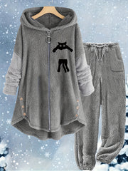 Women's Plus Cat Long Sleeve Zipper Teddy Top & Pants Set