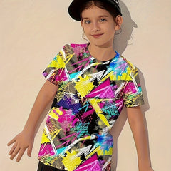 Girls Boys 3D Graffiti Print Short Sleeve T-shirt Summer Sports